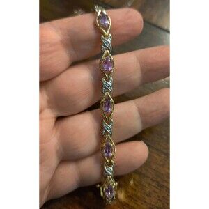 Vtg 925 Sterling Silver Bracelet W/ Amethyst & Diamonds Gold Tone 8" Avon RJ 13g